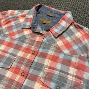 Jachs Girlfriend Bea Western Pearl Snap Flannel Shirt Coral Blue Plaid Womens XL